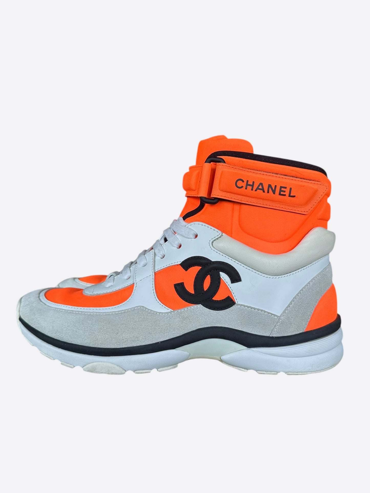 Chanel White & Orange CC Logo High Top Sneakers