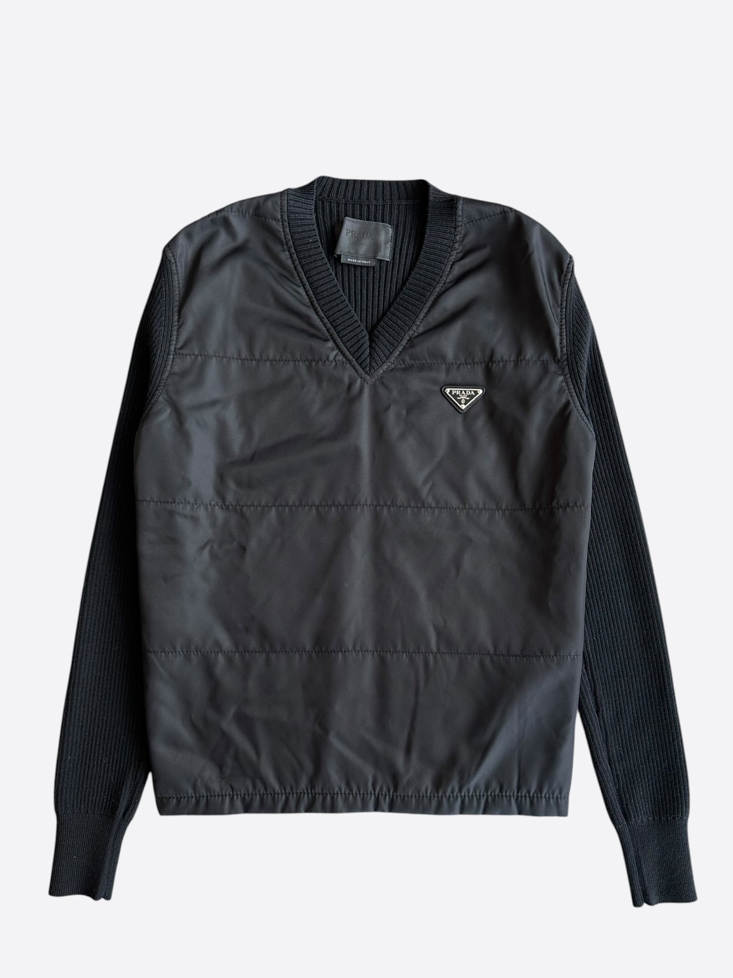 Prada Black Nylon Knit V-Neck Logo Sweater