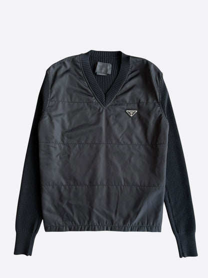 Prada Black Nylon Knit V-Neck Logo Sweater