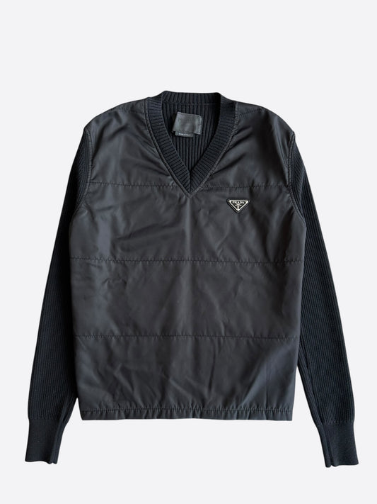 Prada Black Nylon Knit V-Neck Logo Sweater