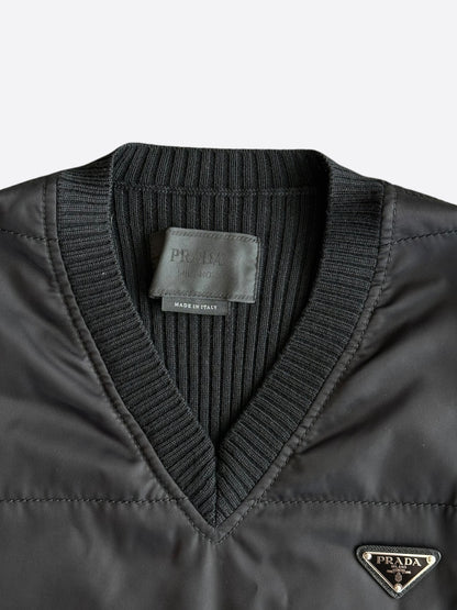 Prada Black Nylon Knit V-Neck Logo Sweater