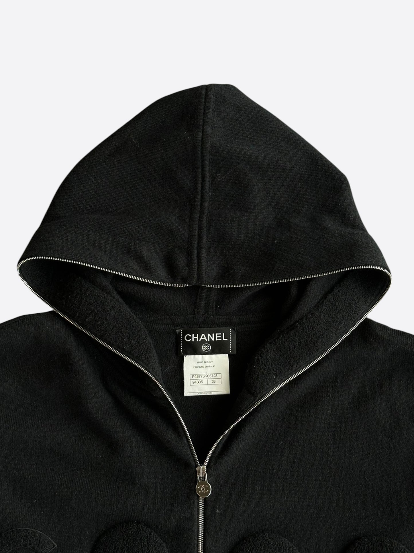 Chanel Black Tuffetage Logo Women's Cashmere Zip Up Hoodie
