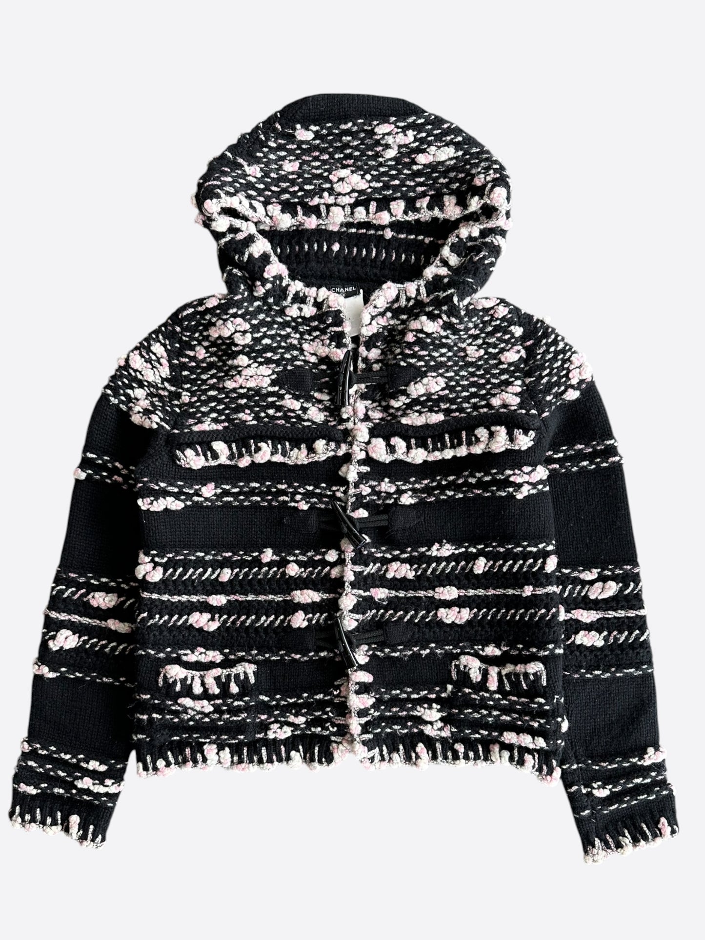Chanel Black & Pink Tweed Cashmere Women's Hooded Sweater