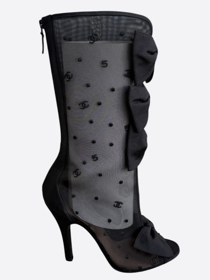 Chanel Black Mesh CC Logo Bow High Boots