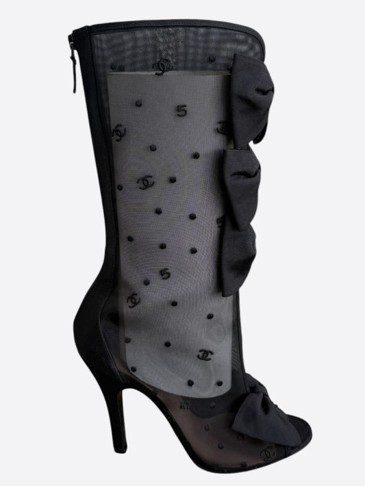 Chanel Black Mesh CC Logo Bow High Boots