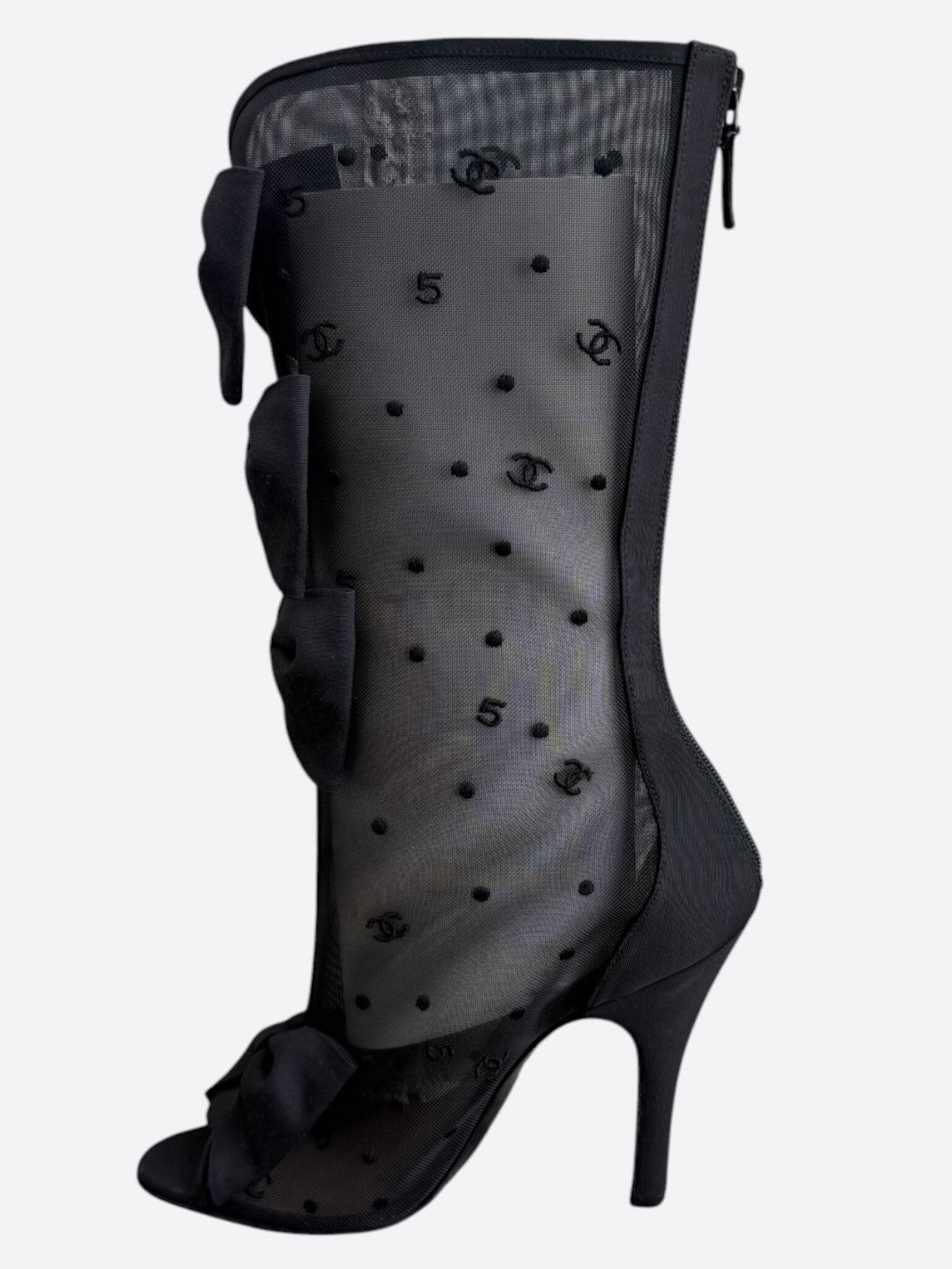Chanel Black Mesh CC Logo Bow High Boots