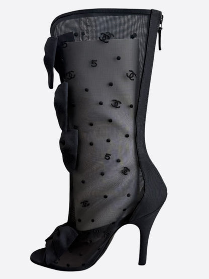Chanel Black Mesh CC Logo Bow High Boots
