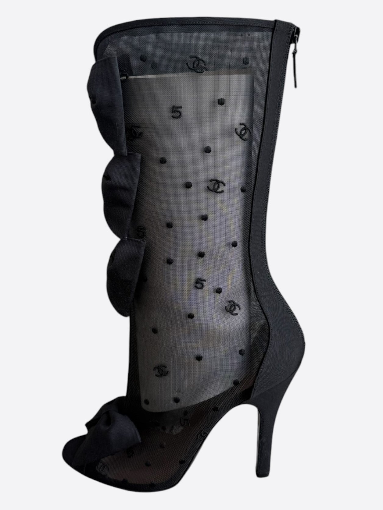 Chanel Black Mesh CC Logo Bow High Boots