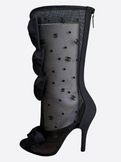 Chanel Black Mesh CC Logo Bow High Boots