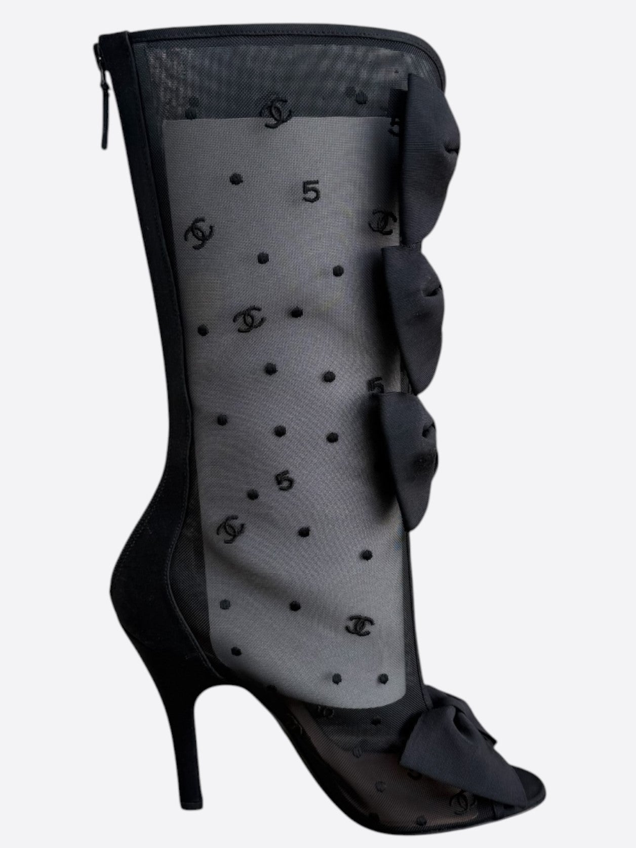 Chanel Black Mesh CC Logo Bow High Boots