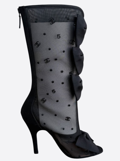 Chanel Black Mesh CC Logo Bow High Boots