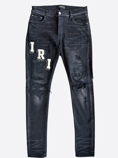 Amiri Faded Black & White Varsity Applique Distressed Jeans