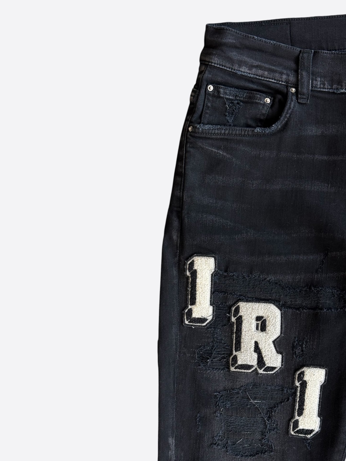 Amiri Faded Black & White Varsity Applique Distressed Jeans