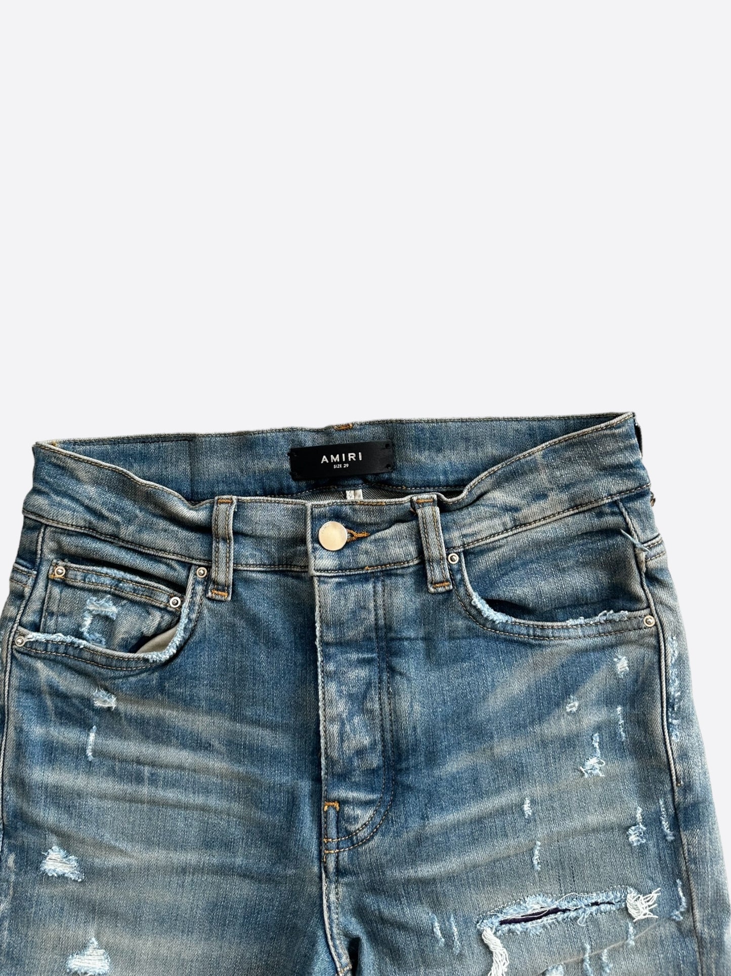 Amiri Clay Indigo Serif Logo Distressed Jeans