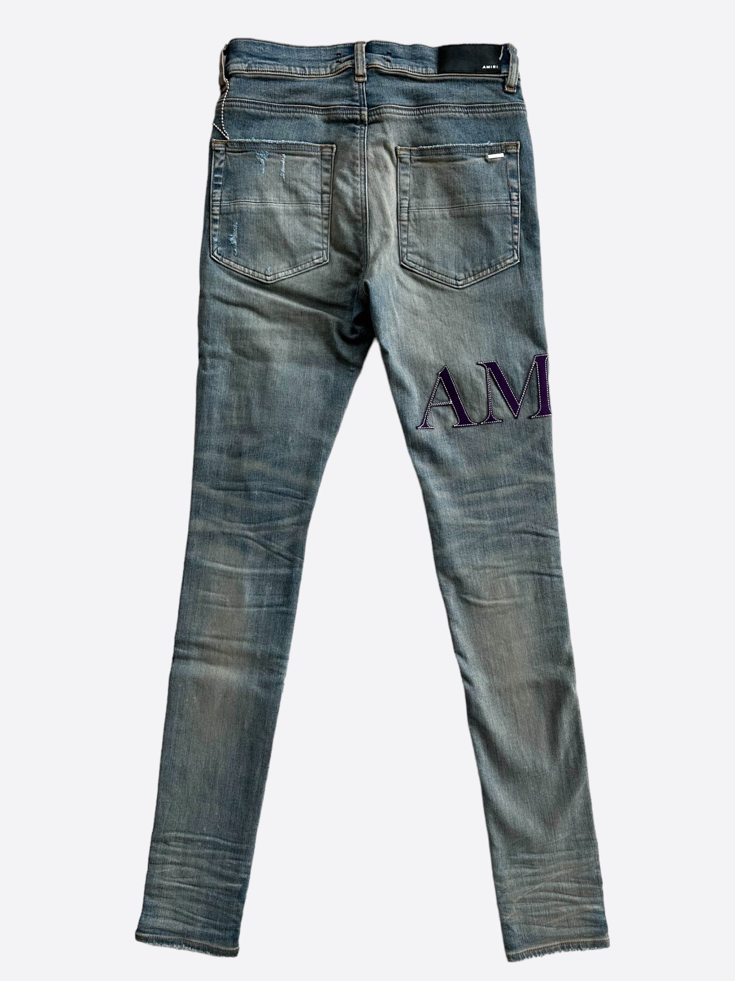 Amiri Clay Indigo Serif Logo Distressed Jeans