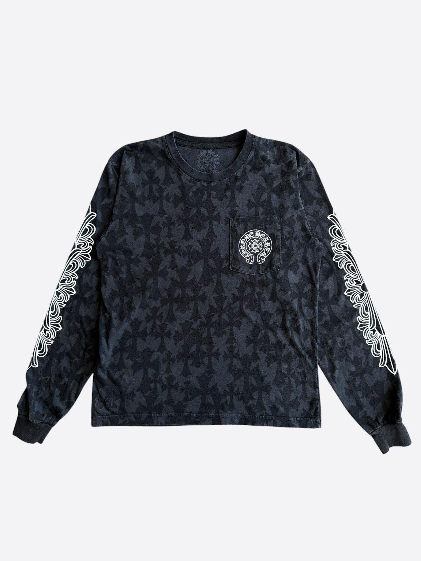 Chrome Hearts Black & White Cemetery Jacquard Horseshoe Logo Longsleeve T-Shirt