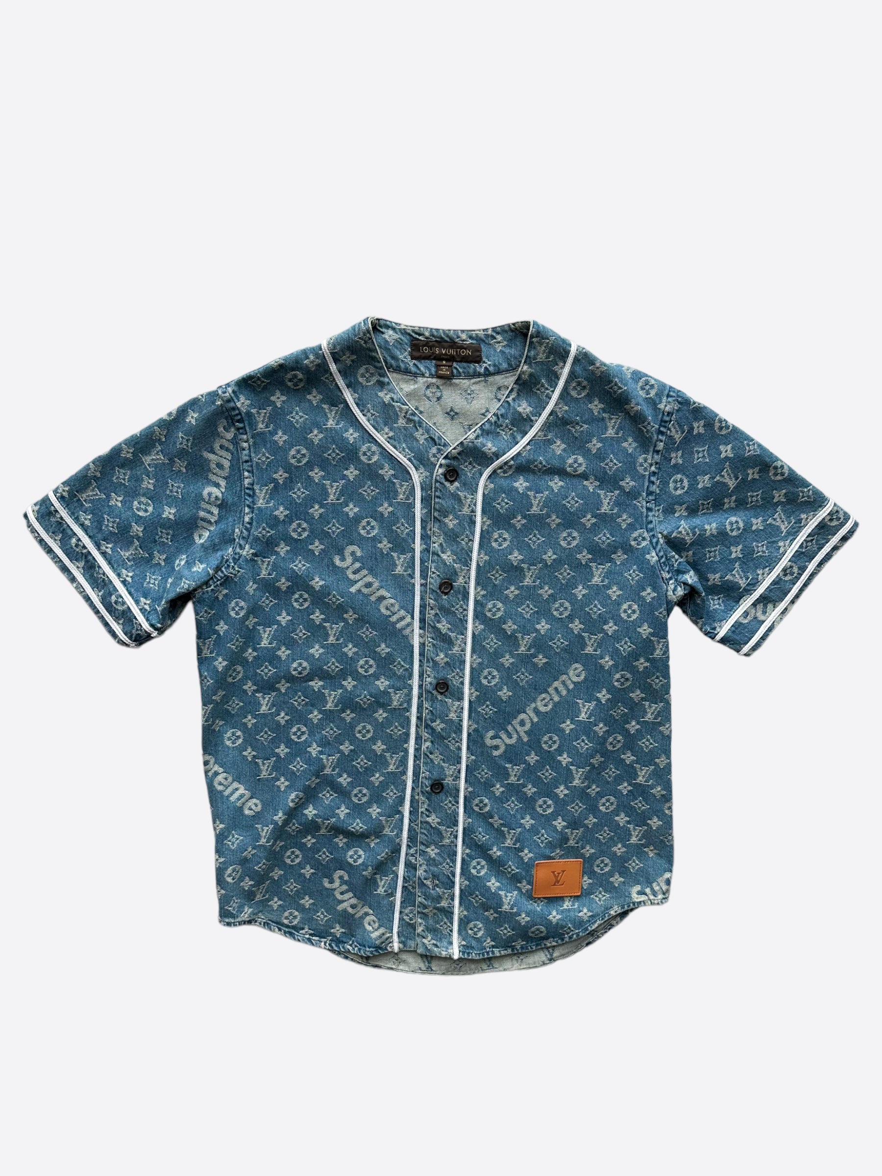 Louis Vuitton Supreme Blue Monogram Baseball Jersey – Savonches