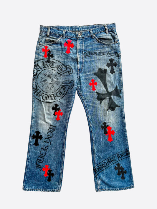 Chrome Hearts Levis Blue Black & Red Cross Patch Stencil Jeans