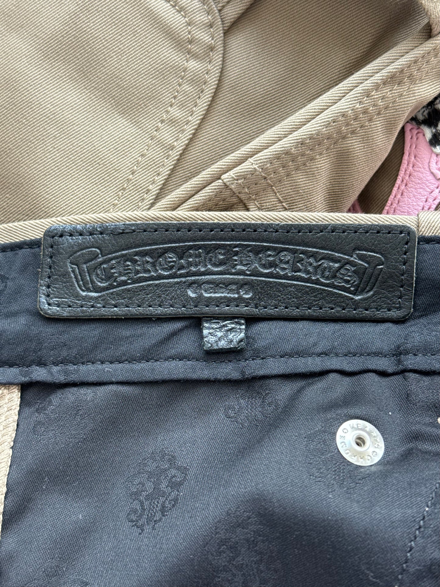 Chrome Hearts Tan, Pink & Checkered Cross Patch Carpenter Pants