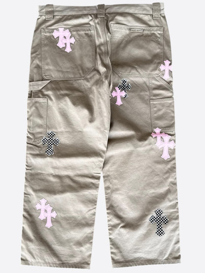 Chrome Hearts Tan, Pink & Checkered Cross Patch Carpenter Pants