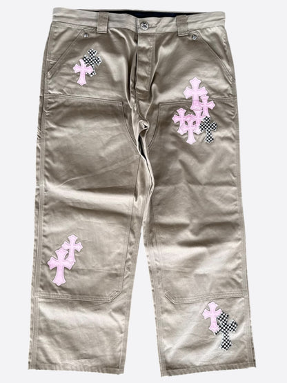 Chrome Hearts Tan, Pink & Checkered Cross Patch Carpenter Pants