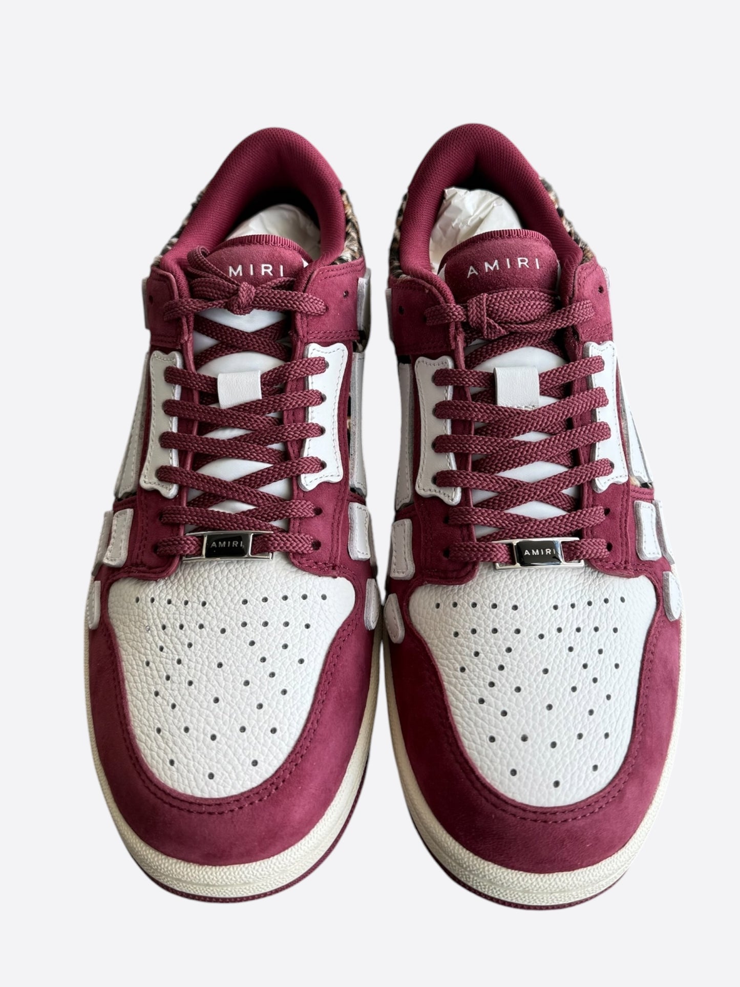 Amiri Burgundy, White & Leopard Skeleton Low Top Sneakers