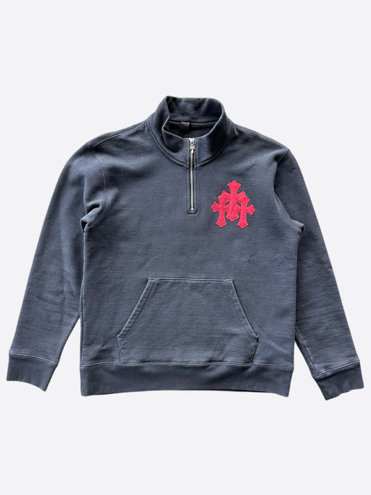 Chrome Hearts Navy & Red Triple Cross Patch Paper Jam Quarter Zip Sweater