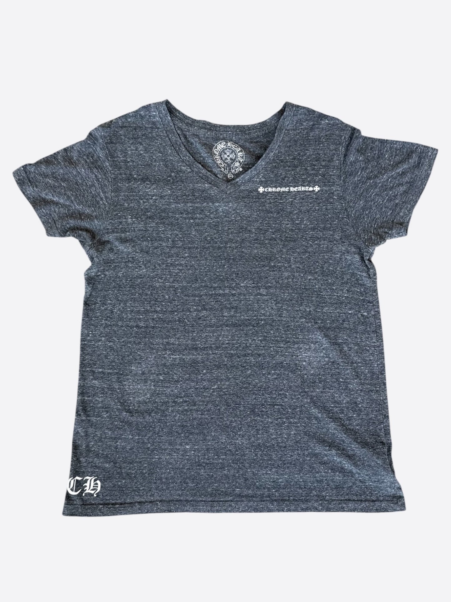 Chrome Hearts Grey & White Cross Logo V-Neck T-Shirt