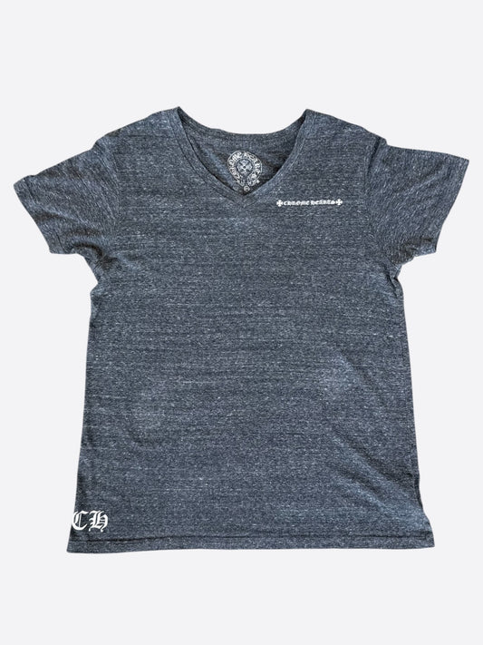 Chrome Hearts Grey & White Cross Logo V-Neck T-Shirt