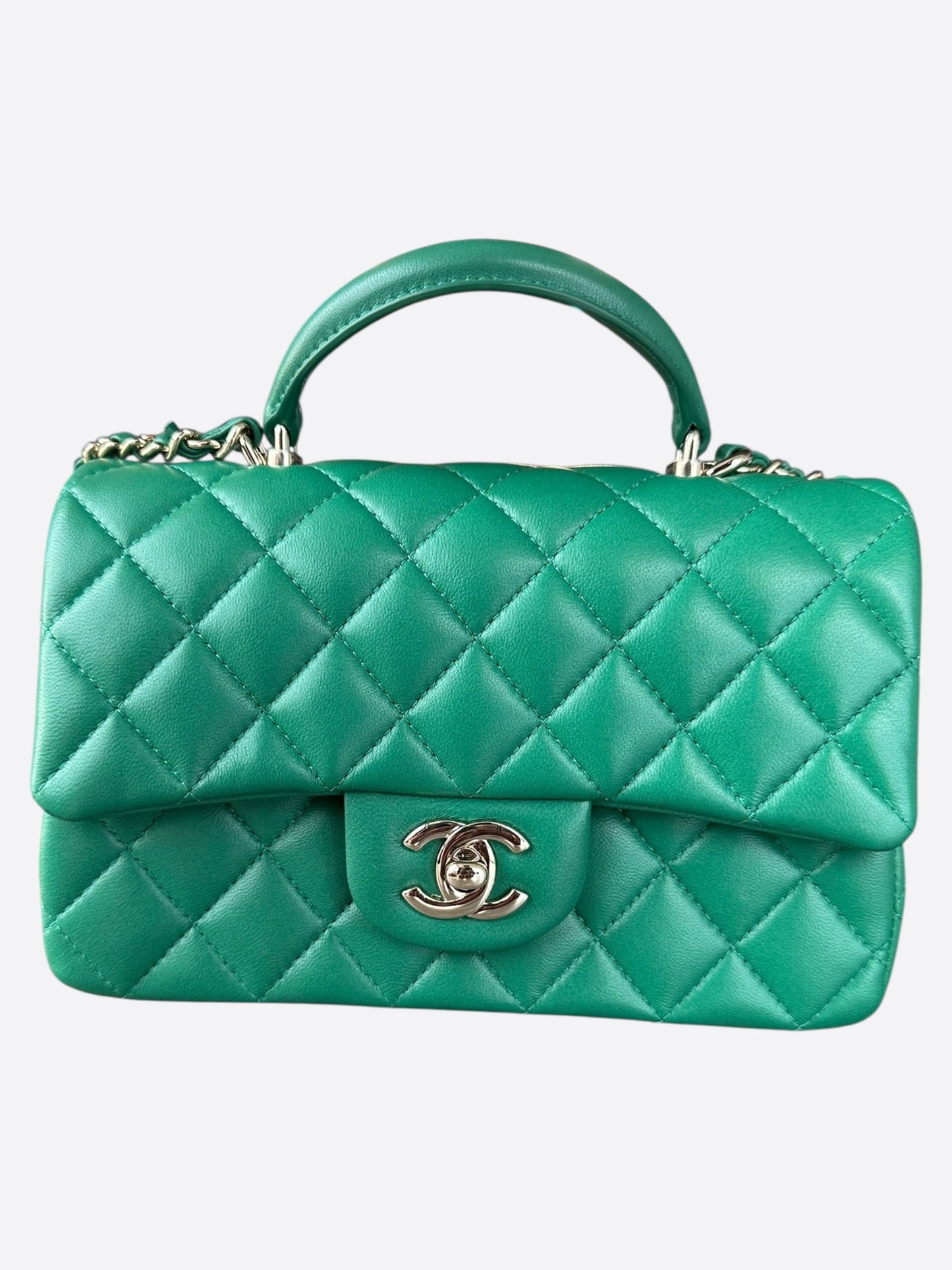 Chanel Green Lambskin Quilted Mini Top Handle Flap Bag