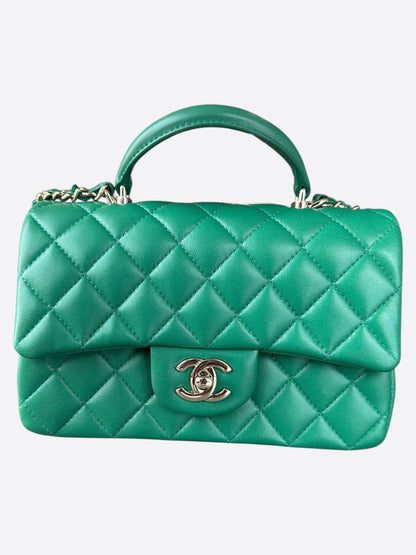 Chanel Green Lambskin Quilted Mini Top Handle Flap Bag