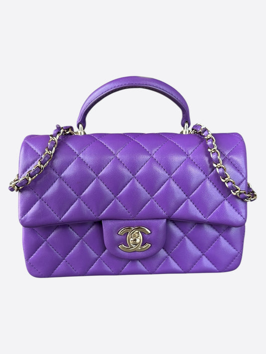 Chanel Purple Lambskin Quilted Mini Top Handle Flap Bag