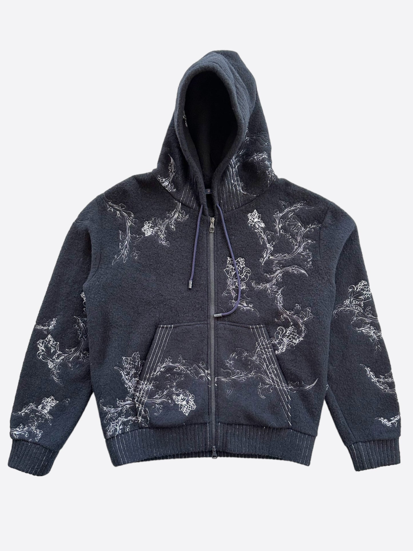 Louis Vuitton Navy & White Flower Embroidered Zip Up Hoodie