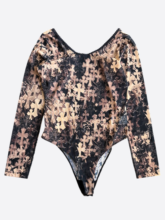 Chrome Hearts Brown All Over Cross Print Mesh Body Suit