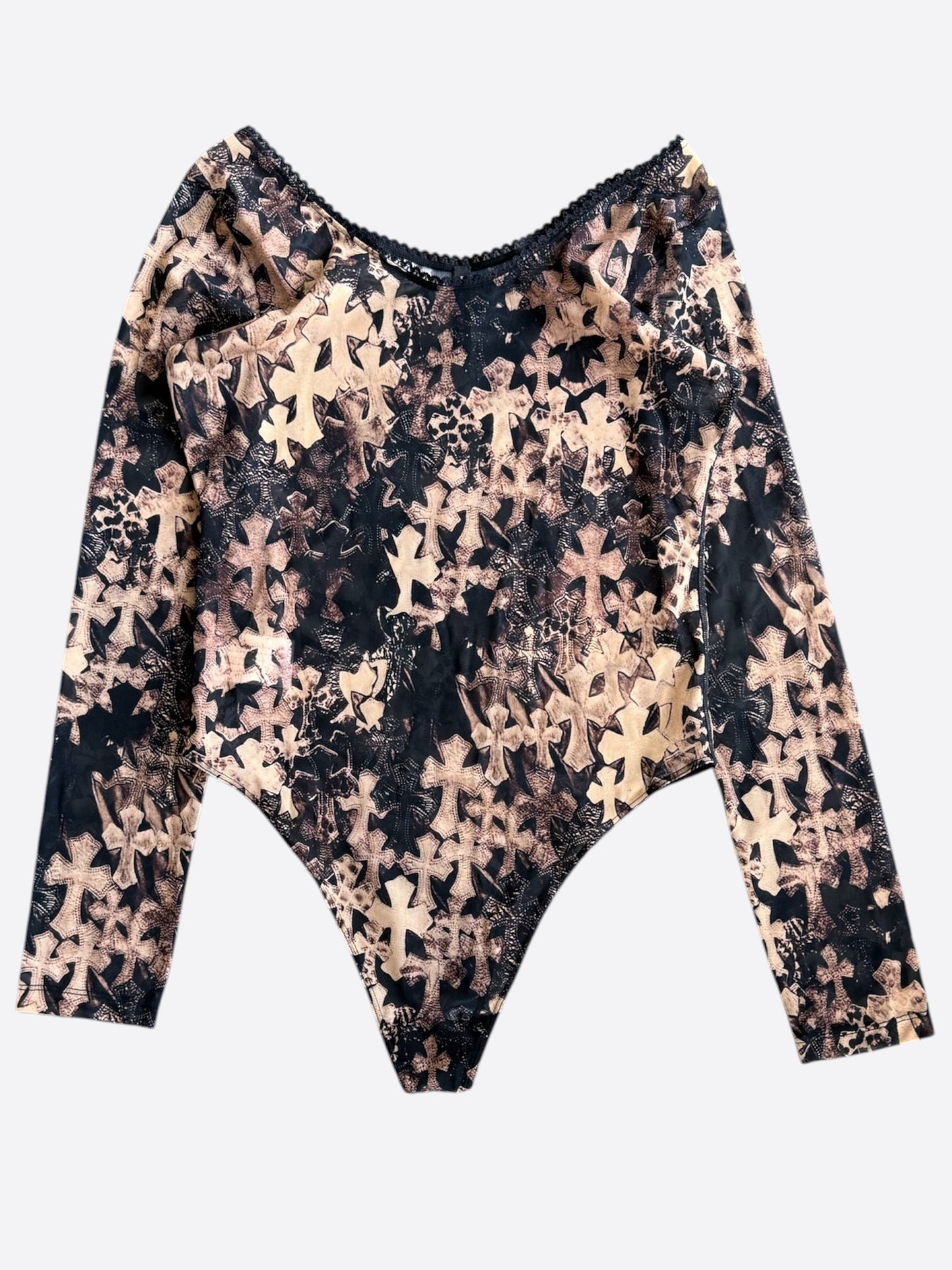 Chrome Hearts Brown All Over Cross Print Mesh Body Suit