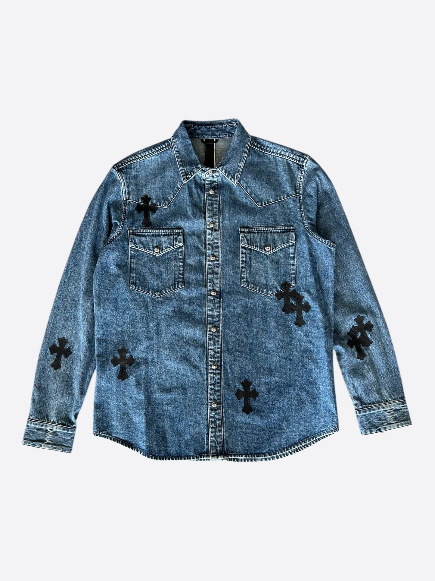 Chrome Hearts Blue & Black Cross Patch Denim Button Up Shirt