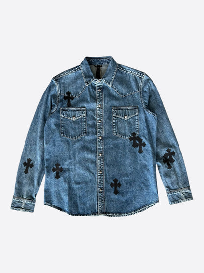 Chrome Hearts Blue & Black Cross Patch Denim Button Up Shirt