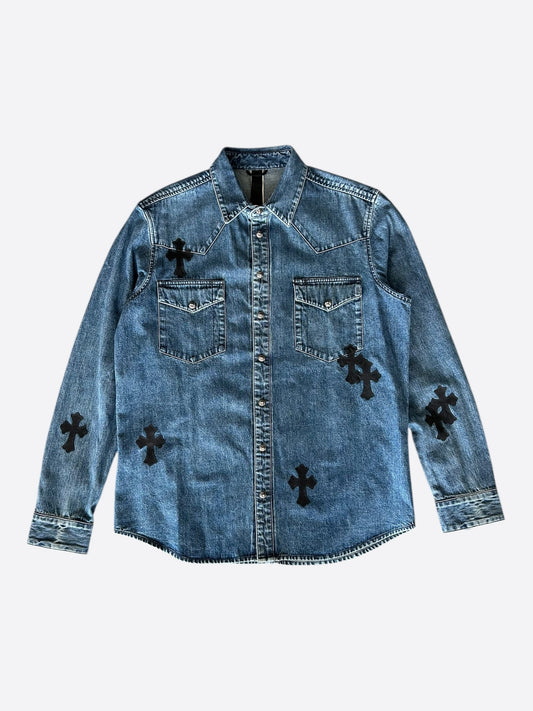 Chrome Hearts Blue & Black Cross Patch Denim Button Up Shirt
