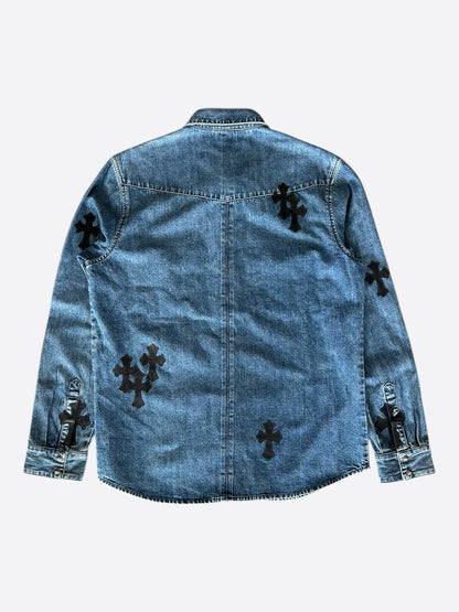 Chrome Hearts Blue & Black Cross Patch Denim Button Up Shirt