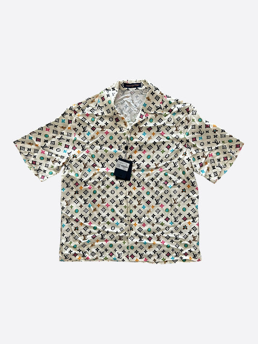 Louis Vuitton Tyler Cream Multicolor Monogram Silk Button Up Shirt