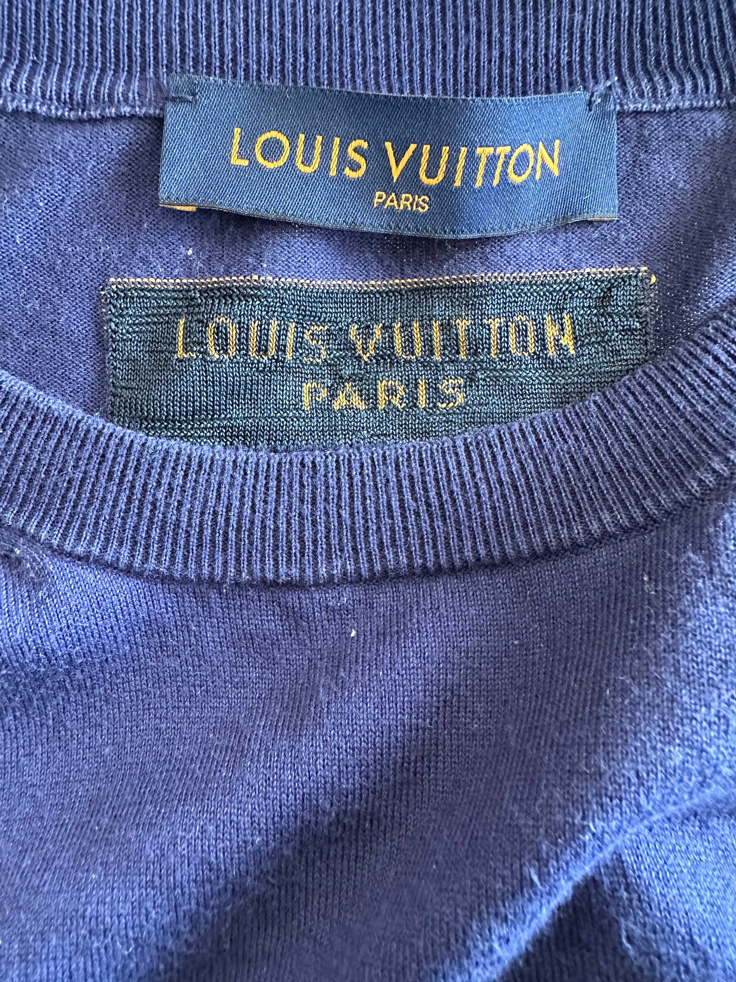 Louis Vuitton Blue & White Script Logo Intarsia T-Shirt