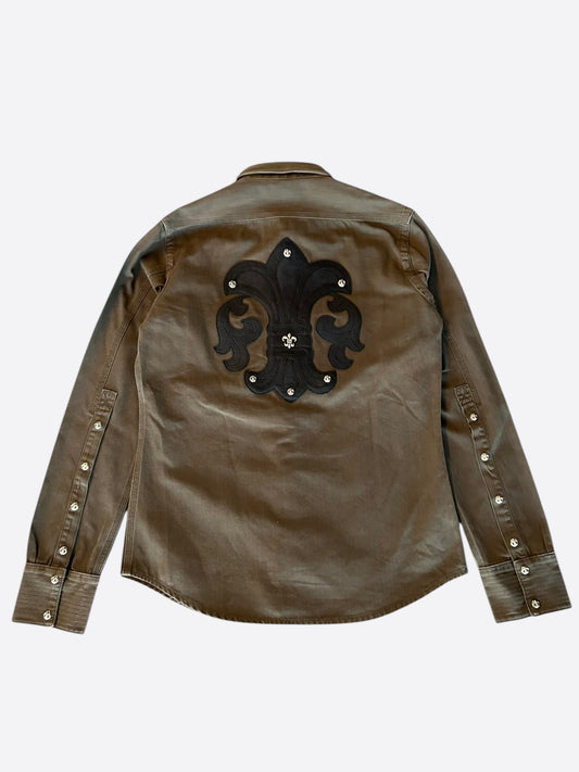 Chrome Hearts Olive & Black Leather Fleur Patch Button Up Shirt