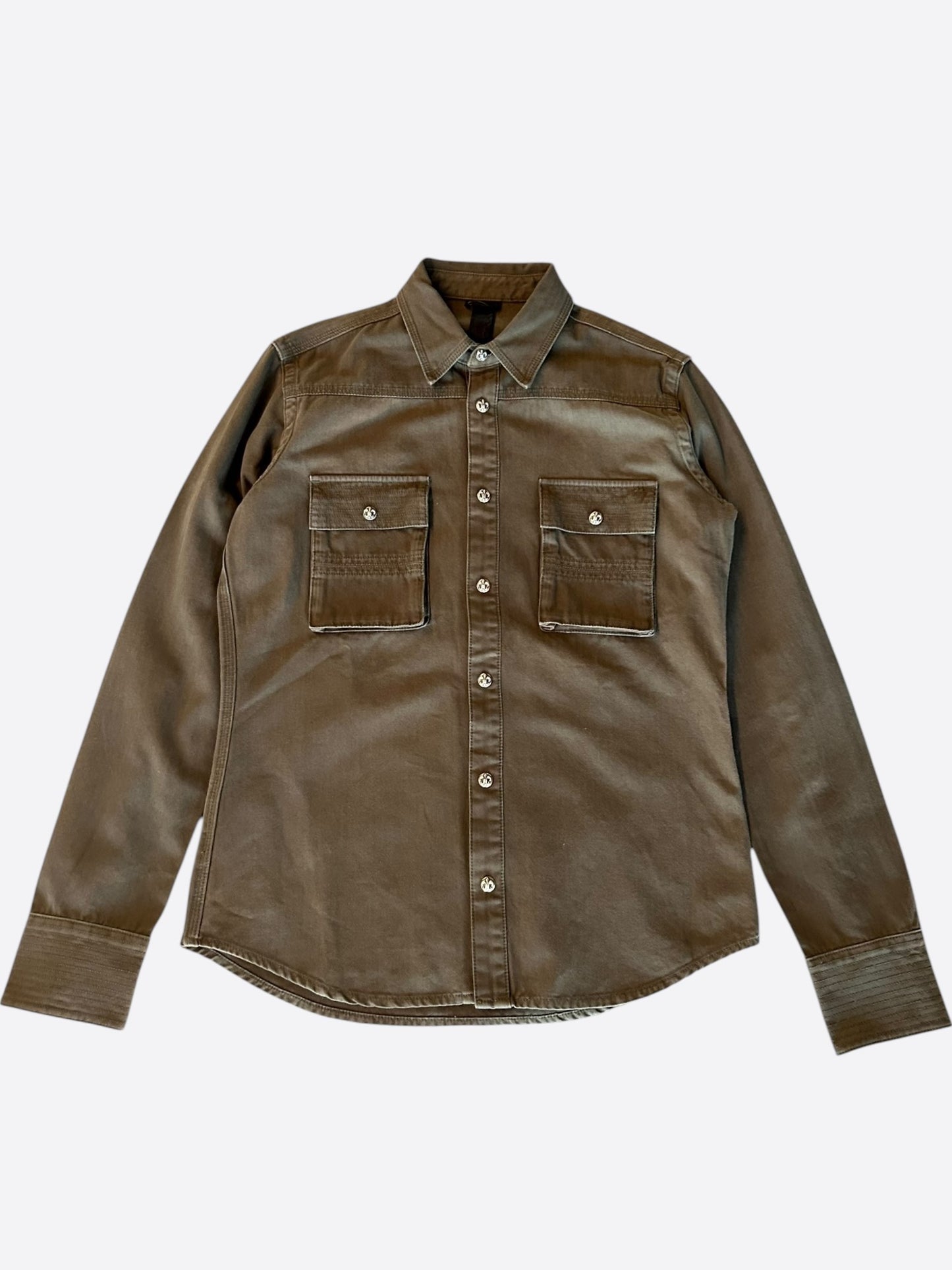 Chrome Hearts Olive & Black Leather Fleur Patch Button Up Shirt