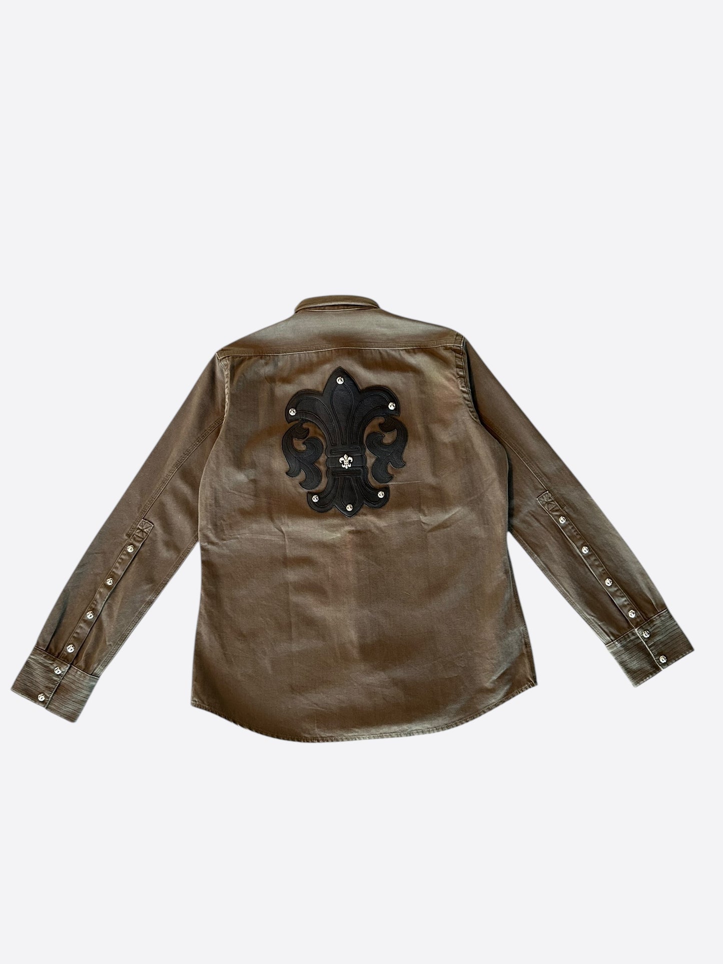 Chrome Hearts Olive & Black Leather Fleur Patch Button Up Shirt