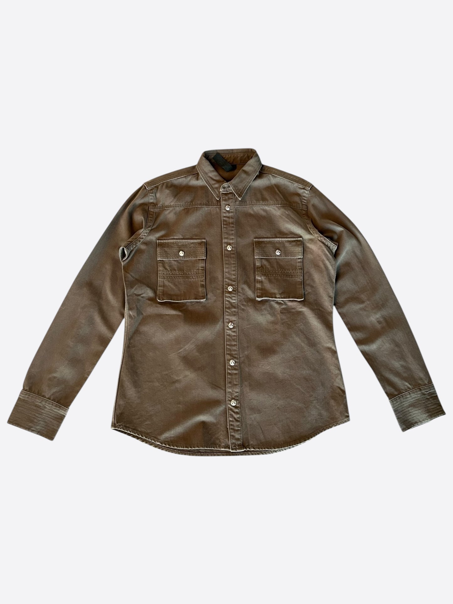 Chrome Hearts Olive & Black Leather Fleur Patch Button Up Shirt