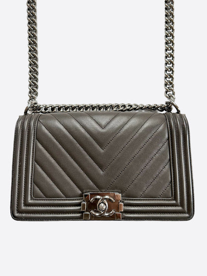 Chanel Dark Grey Quilted Calfskin Chevron Medium Boy Bag