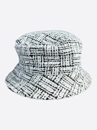 Chanel White & Black CC Logo Tweed Bucket Hat