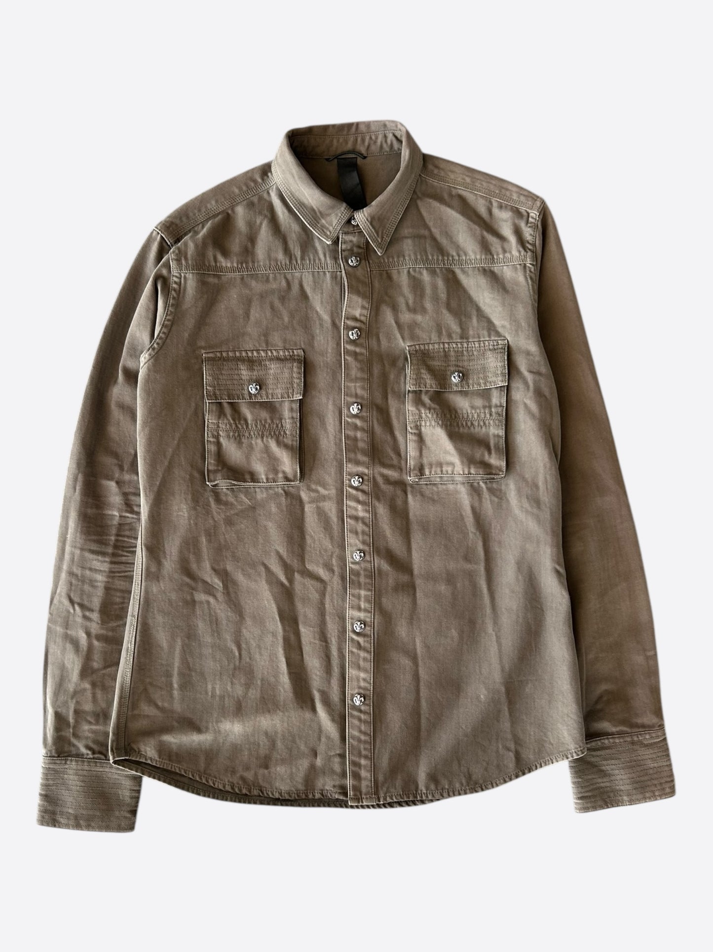 Chrome Hearts Olive & Black Leather Fleur Patch Button Up Shirt