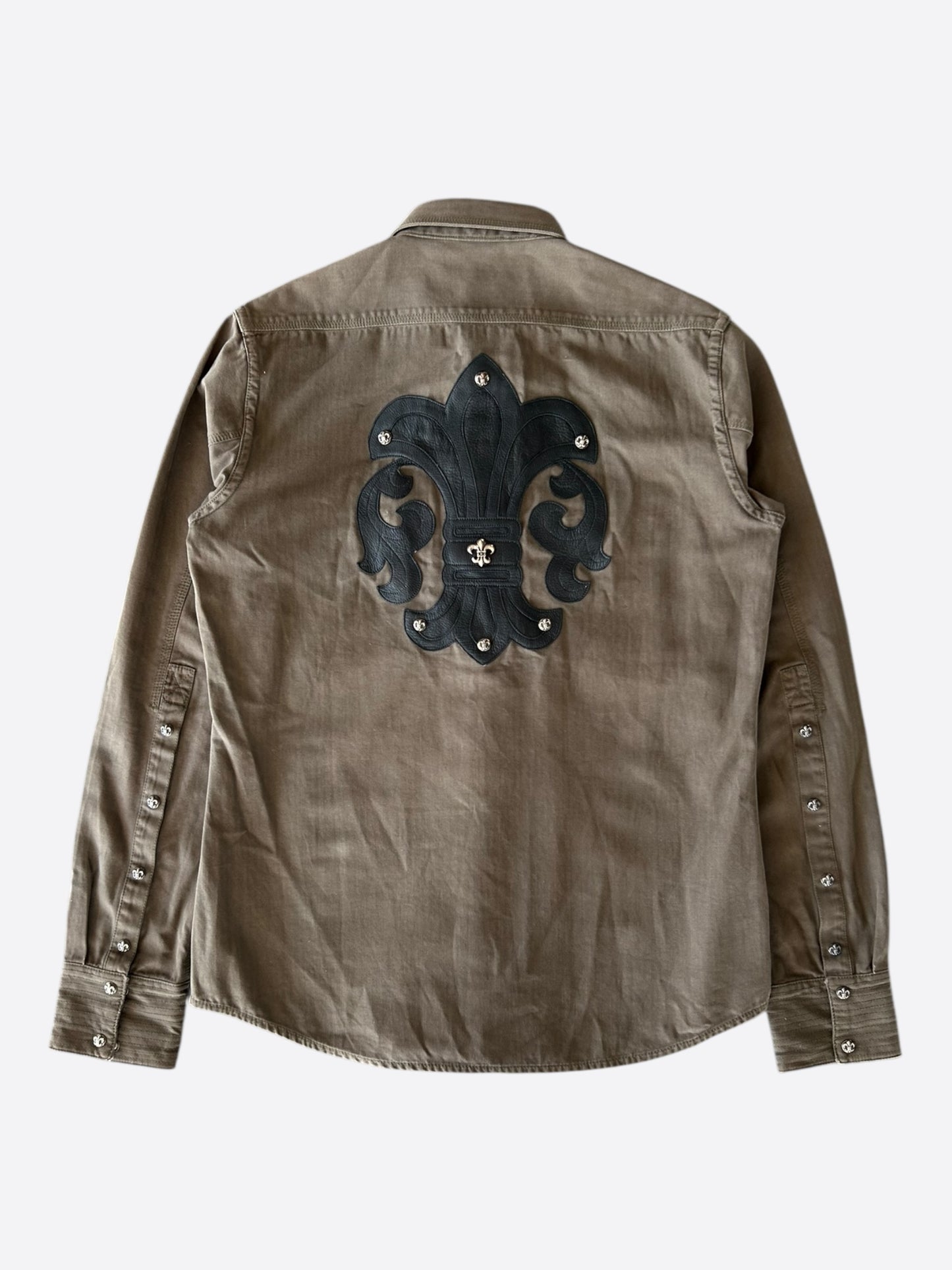 Chrome Hearts Olive & Black Leather Fleur Patch Button Up Shirt