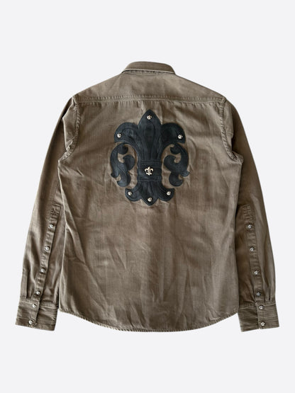 Chrome Hearts Olive & Black Leather Fleur Patch Button Up Shirt